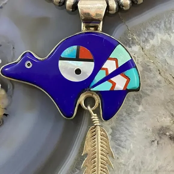 Native American Sterling Multistone Zuni Inlay Fetish Bear w/Feather Pendant - Picture 6 of 10
